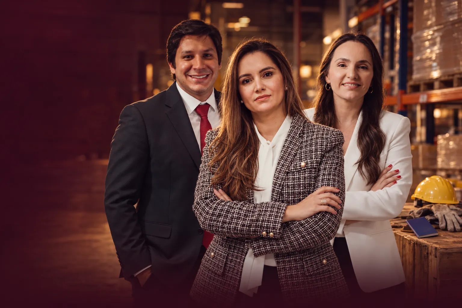 Amanda Vilela e a equipe do escritório num galpão de trabalho, com capacete e carteira de trabalho ao fundo
